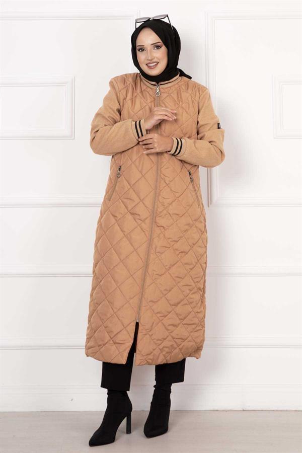Quilted Coat with Cashmere Lined Sleeves, Tan