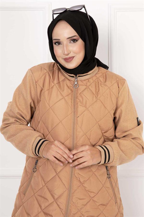 Quilted Coat with Cashmere Lined Sleeves, Tan