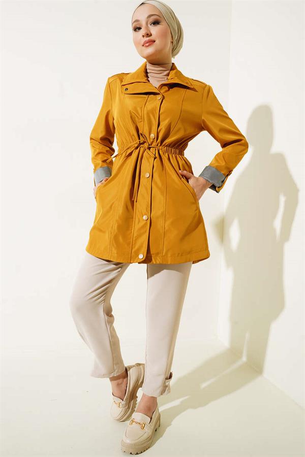 Trench Coat with Folded Sleeves Oil Green