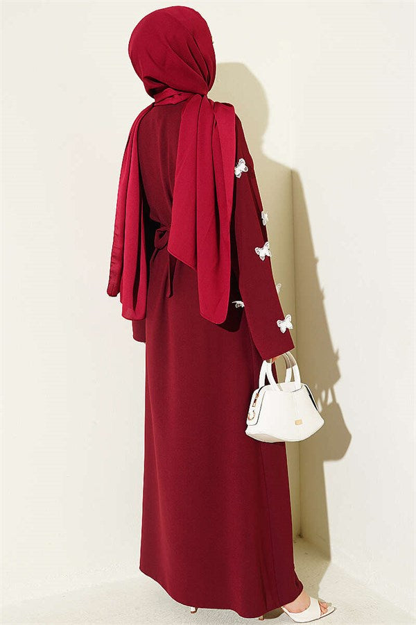 Burgundy Dress with Butterfly Embellishments on Sleeves