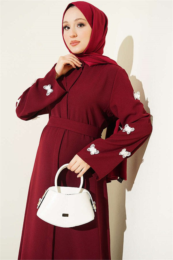 Burgundy Dress with Butterfly Embellishments on Sleeves