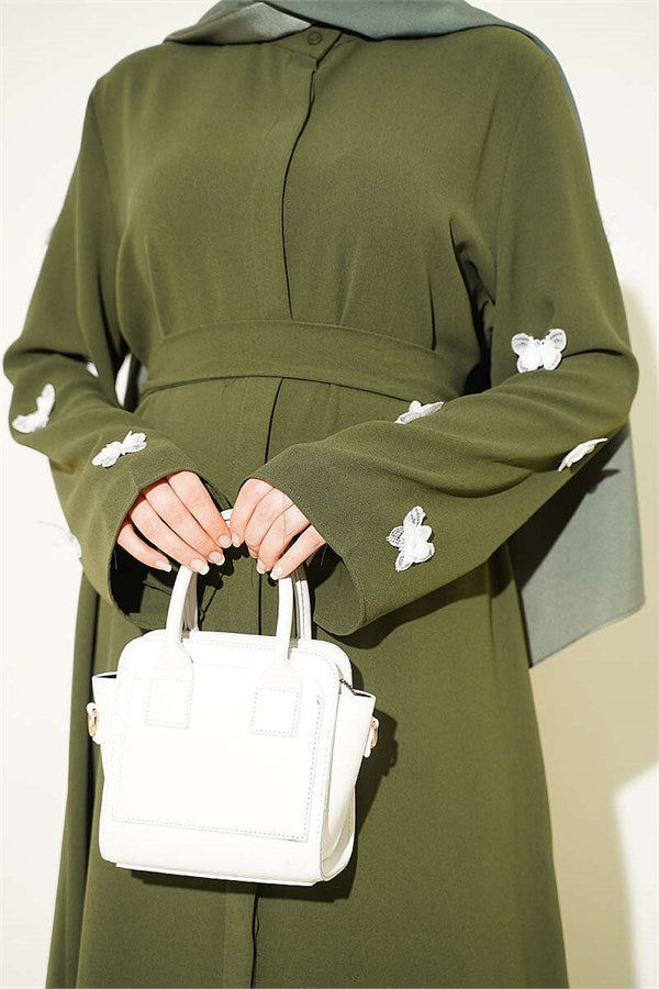 Khaki Dress with Butterfly Embellishments on Sleeves