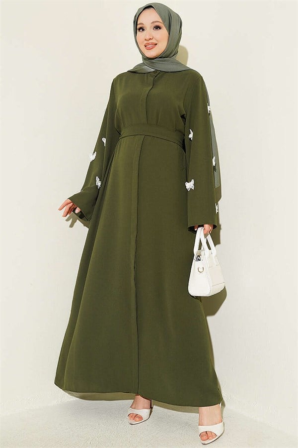 Khaki Dress with Butterfly Embellishments on Sleeves