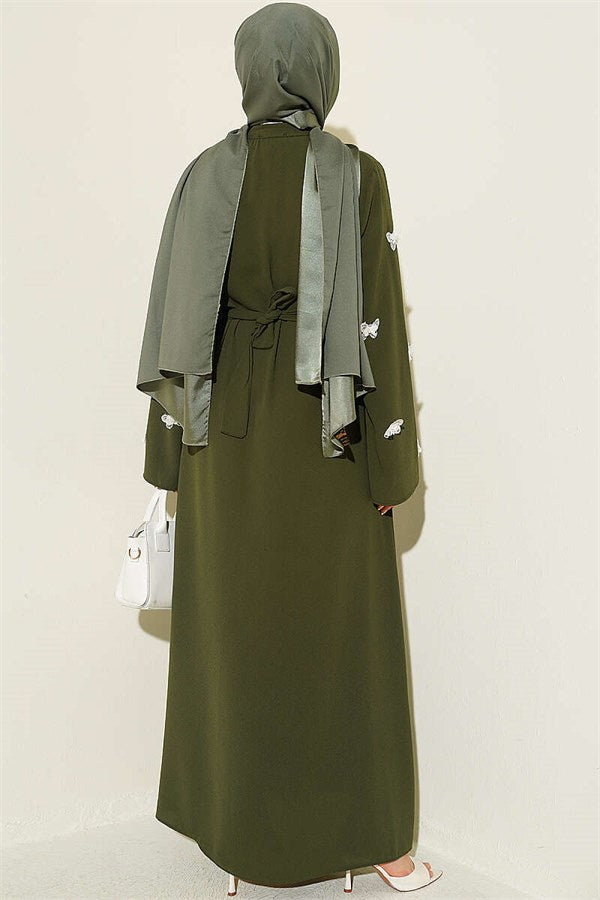 Khaki Dress with Butterfly Embellishments on Sleeves