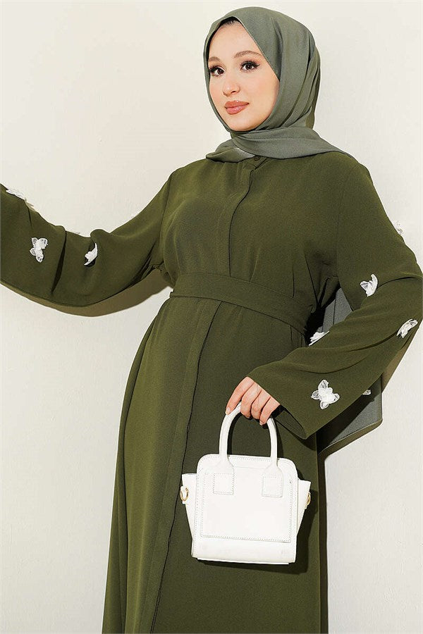 Khaki Dress with Butterfly Embellishments on Sleeves