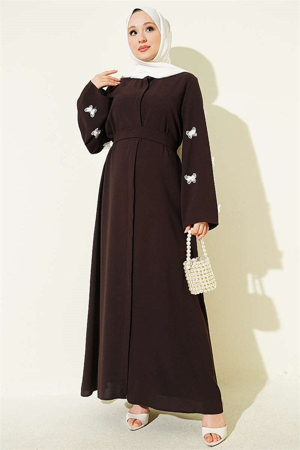 Brown Dress with Butterfly Embellishments on Sleeves