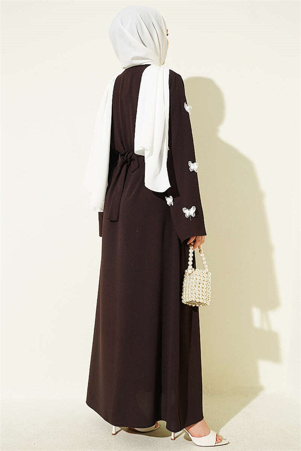 Brown Dress with Butterfly Embellishments on Sleeves