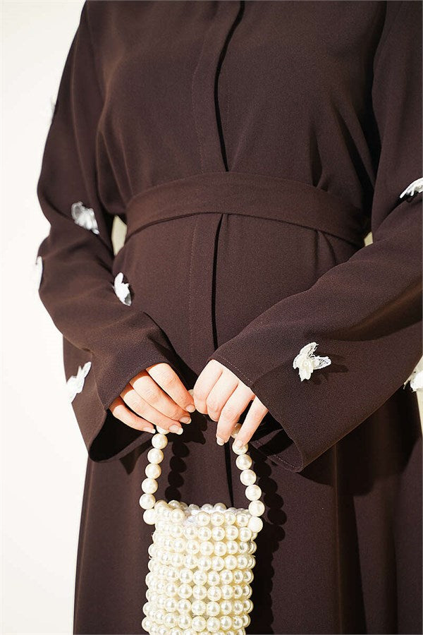Brown Dress with Butterfly Embellishments on Sleeves
