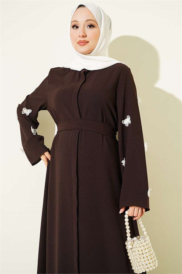 Brown Dress with Butterfly Embellishments on Sleeves