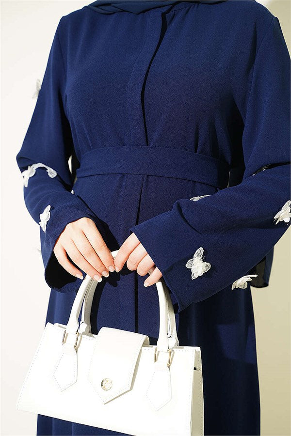 Navy Blue Dress with Butterfly Embellishments on Sleeves