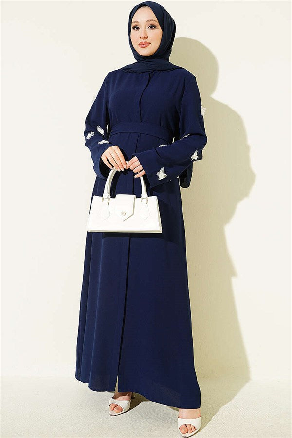 Navy Blue Dress with Butterfly Embellishments on Sleeves