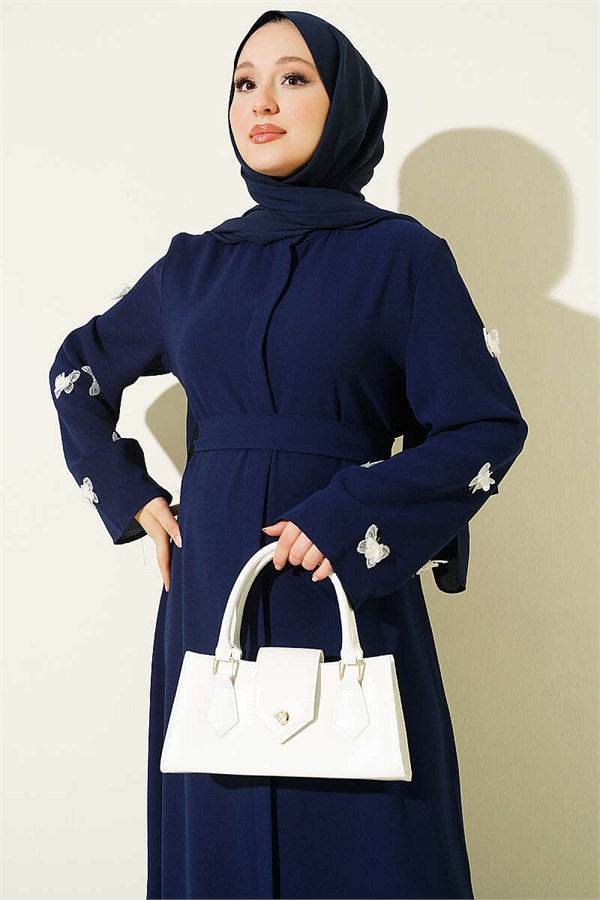 Navy Blue Dress with Butterfly Embellishments on Sleeves