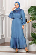 Organza Sleeves Hijab Evening Dress Indigo