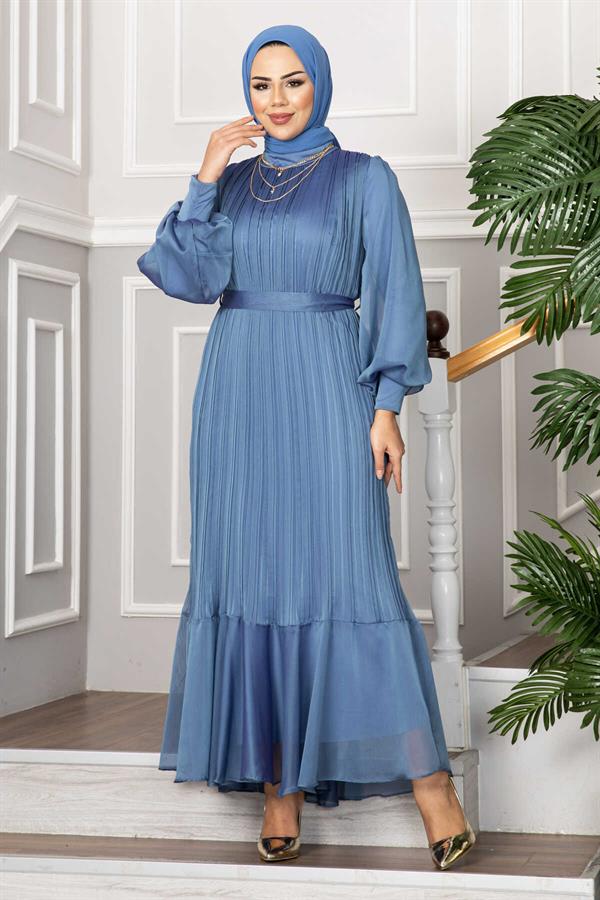 Organza Sleeves Hijab Evening Dress Indigo