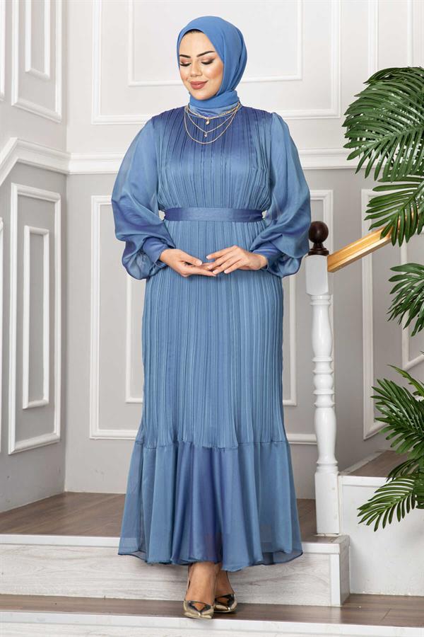 Organza Sleeves Hijab Evening Dress Indigo