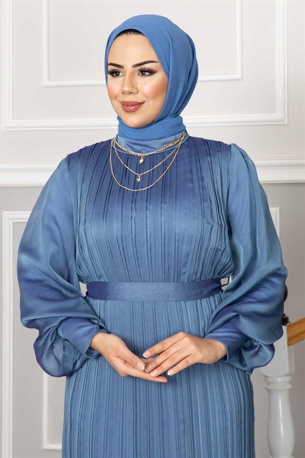 Organza Sleeves Hijab Evening Dress Indigo