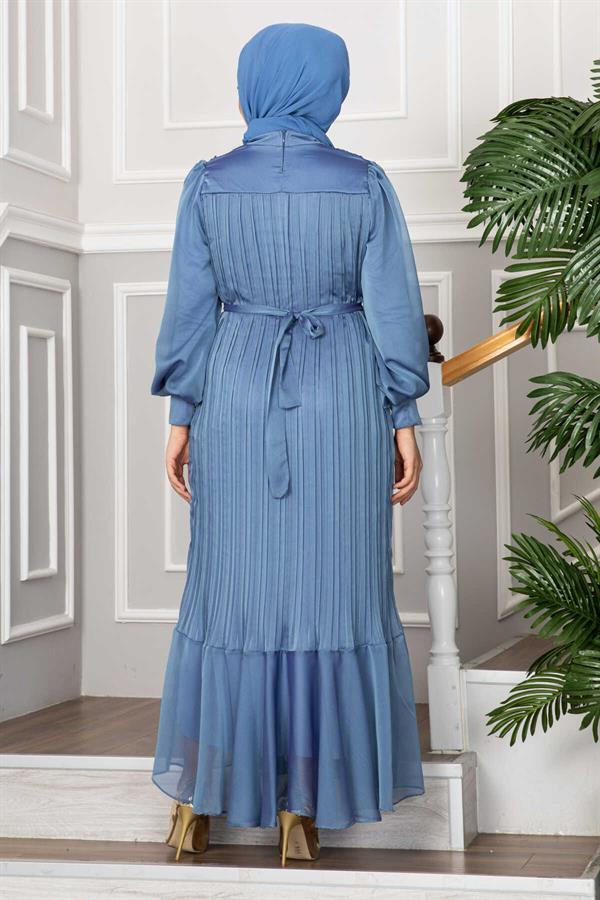 Organza Sleeves Hijab Evening Dress Indigo