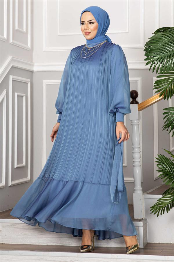 Organza Sleeves Hijab Evening Dress Indigo