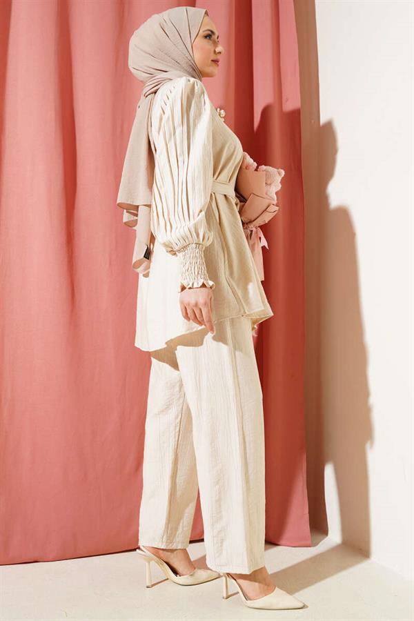 Pleated Sleeve Belted 2 Piece Set Beige