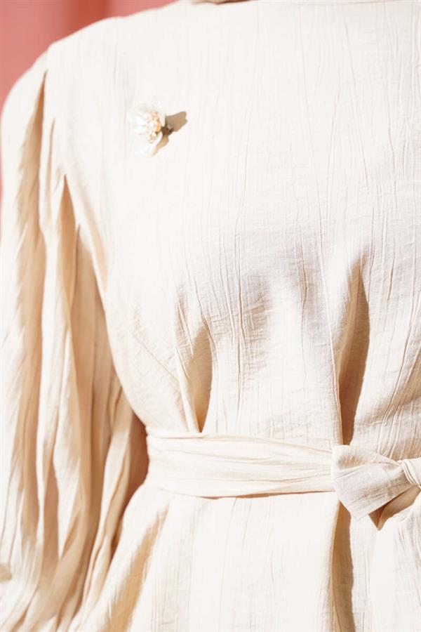 Pleated Sleeve Belted 2 Piece Set Beige