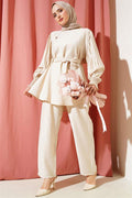 Pleated Sleeve Belted 2 Piece Set Beige