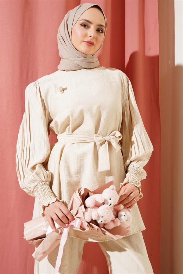 Pleated Sleeve Belted 2 Piece Set Beige