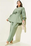 Pleated Sleeve Belted 2 Piece Set Green