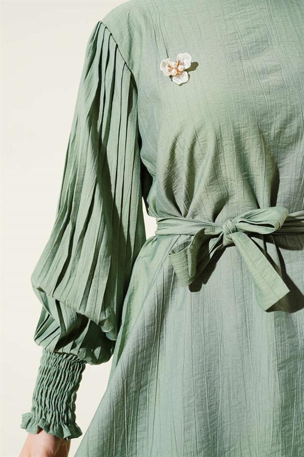 Pleated Sleeve Belted 2 Piece Set Green