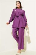 Pleated Sleeve Belted 2 Piece Set Magenta