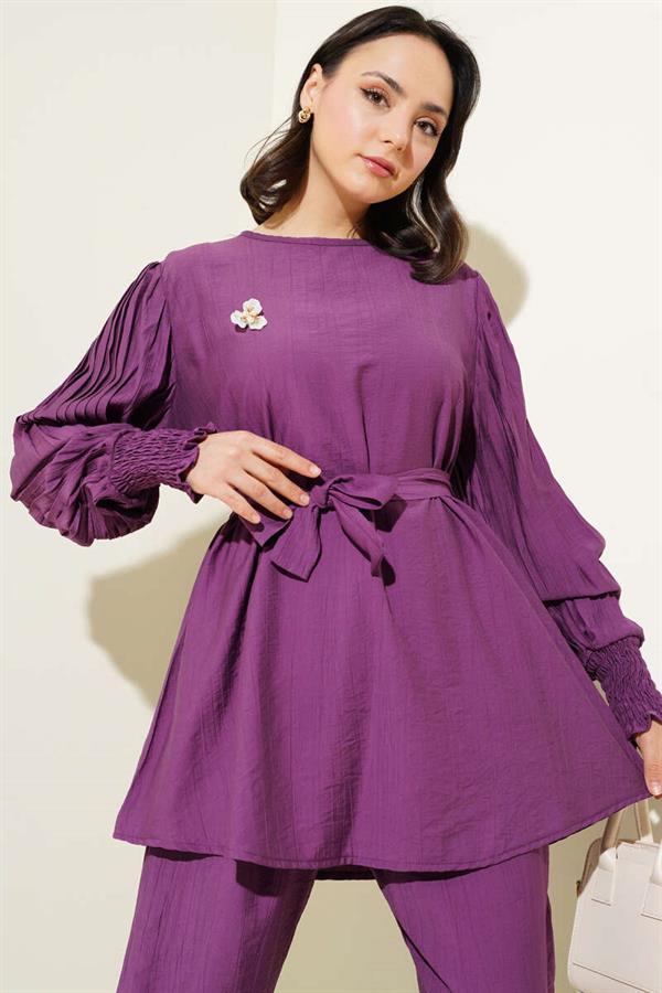 Pleated Sleeve Belted 2 Piece Set Magenta