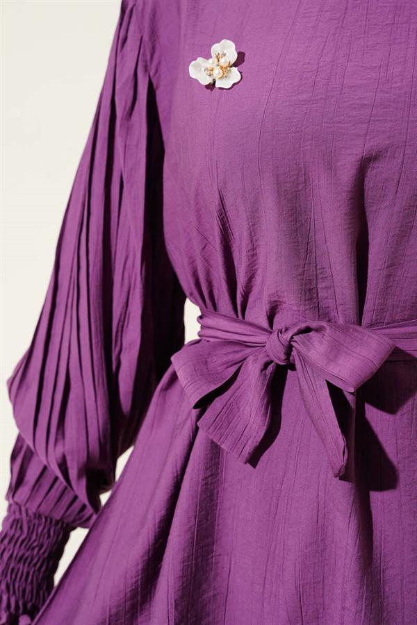 Pleated Sleeve Belted 2 Piece Set Magenta