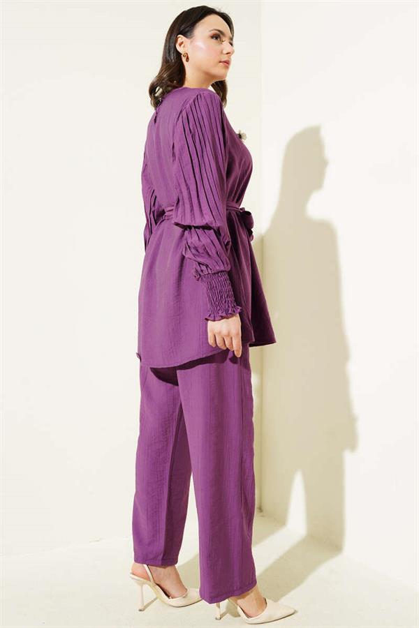 Pleated Sleeve Belted 2 Piece Set Magenta