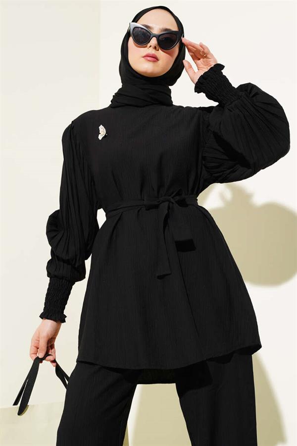 Pleated Sleeve Belted 2 Piece Set Black