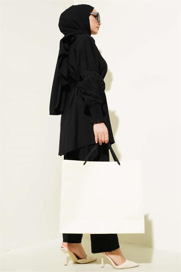 Pleated Sleeve Belted 2 Piece Set Black