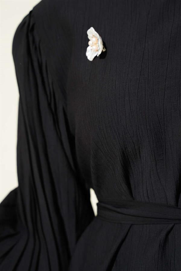Pleated Sleeve Belted 2 Piece Set Black
