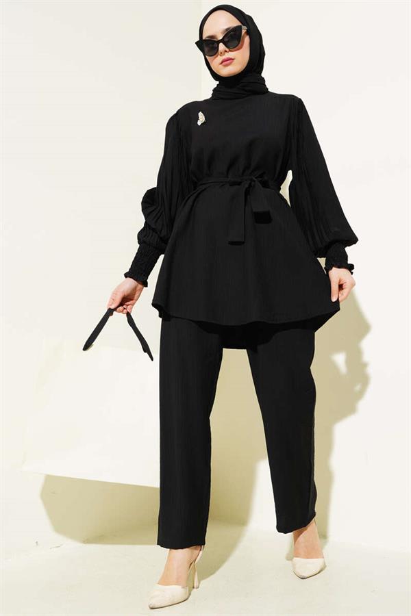 Pleated Sleeve Belted 2 Piece Set Black
