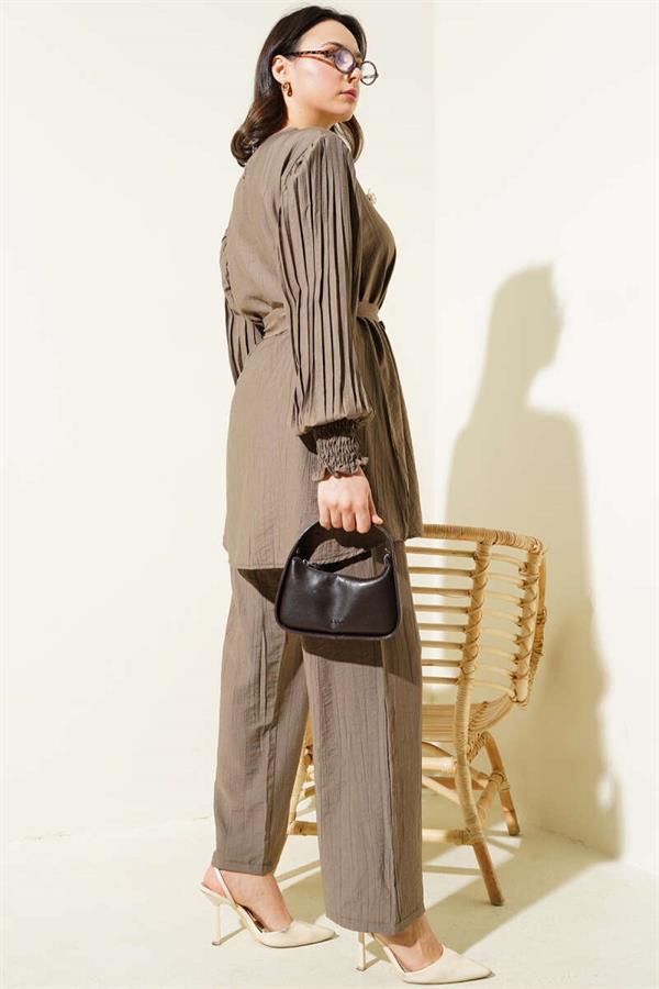 Pleated Sleeve Belted 2 Piece Set Mink