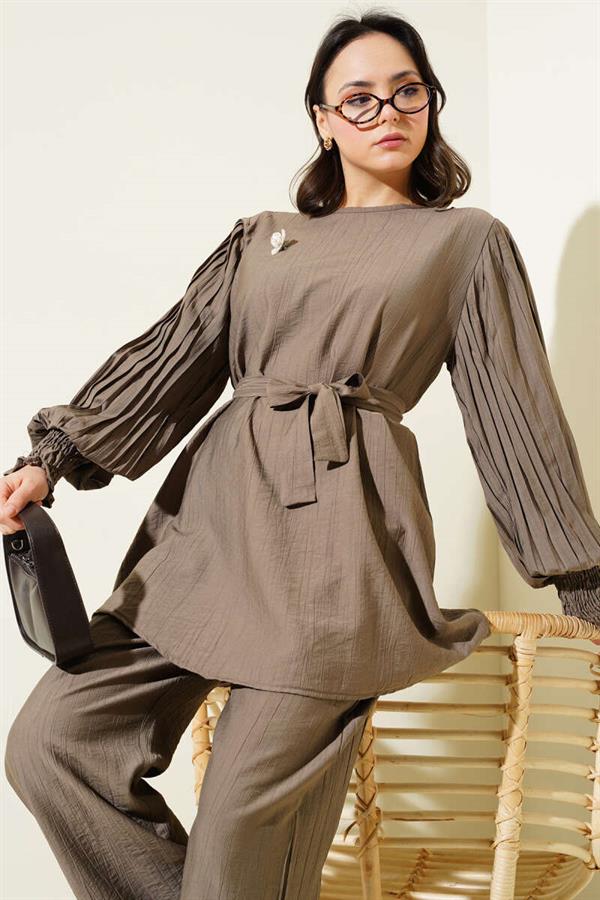 Pleated Sleeve Belted 2 Piece Set Mink
