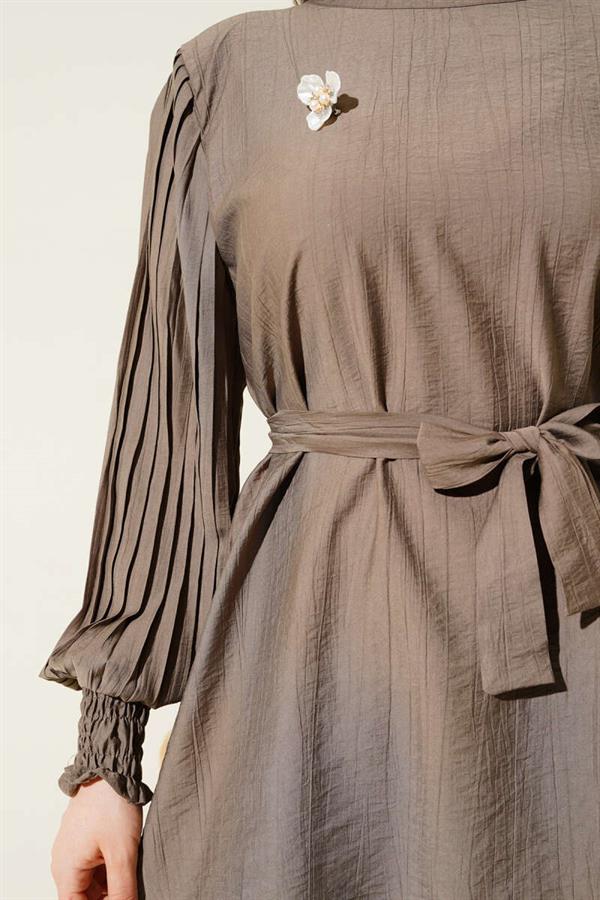 Pleated Sleeve Belted 2 Piece Set Mink