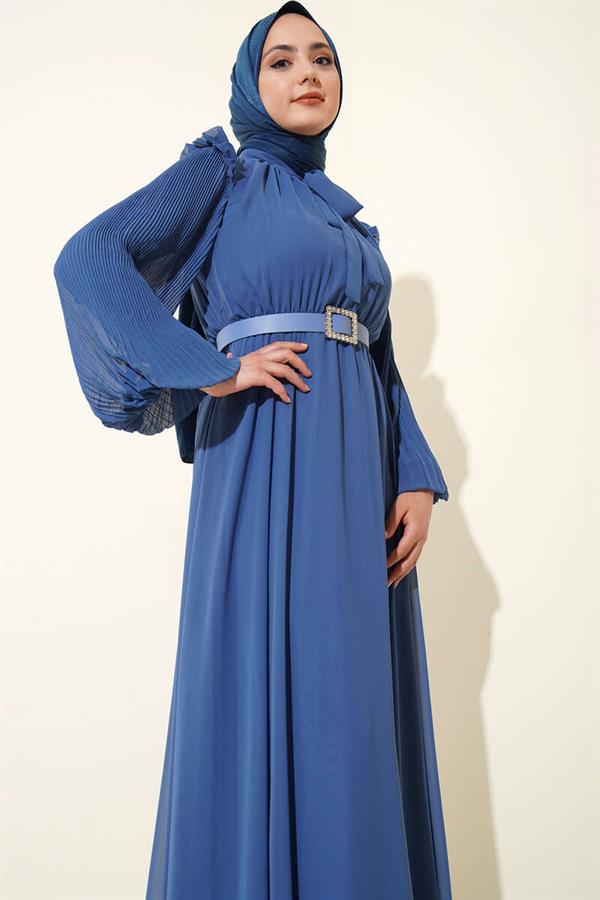 Pleated Sleeve Dress Indigo