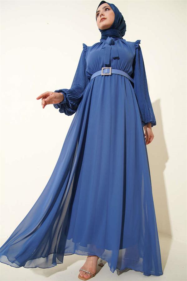 Pleated Sleeve Dress Indigo