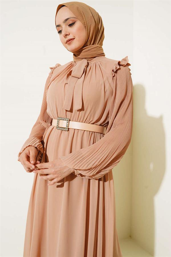 Pleated Sleeve Dress Latte