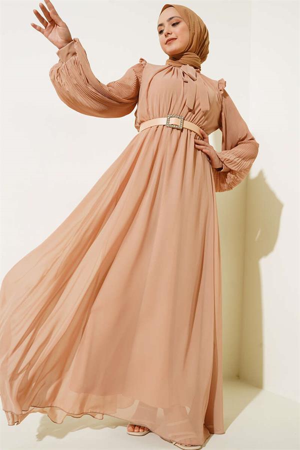 Pleated Sleeve Dress Latte