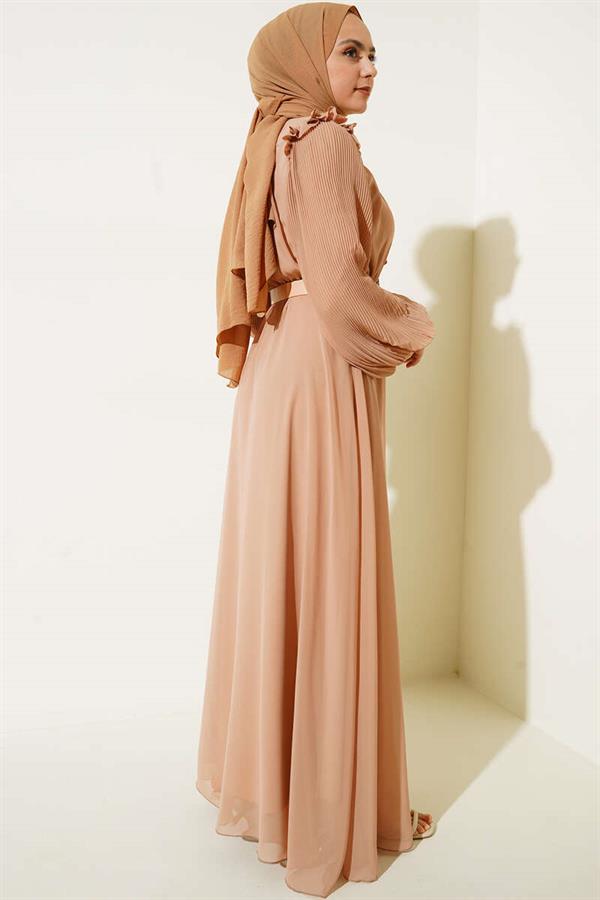 Pleated Sleeve Dress Latte