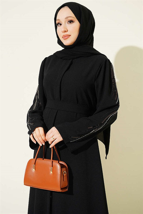Black Crepe Abaya with Sequin Embroidered Sleeves