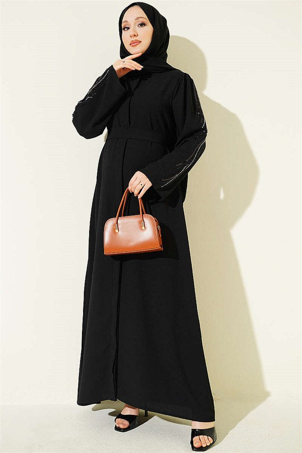 Black Crepe Abaya with Sequin Embroidered Sleeves
