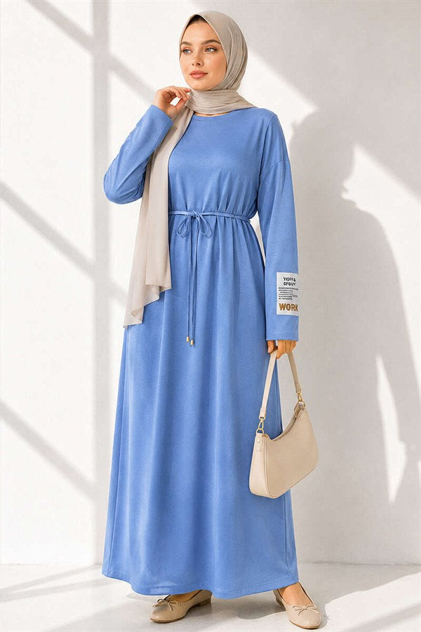 Loisha Dress with Embellished Sleeves and Rope Belt, Baby Blue