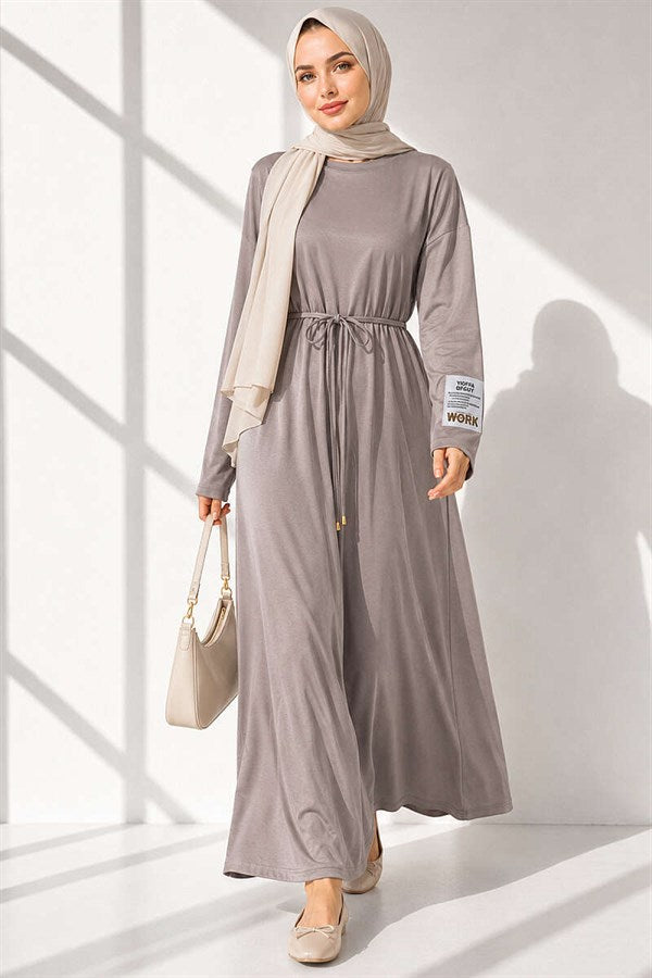 Loisha Dress with Embellished Sleeves and Rope Belt, Beige