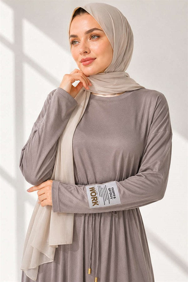 Loisha Dress with Embellished Sleeves and Rope Belt, Beige