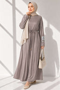 Loisha Dress with Embellished Sleeves and Rope Belt, Beige